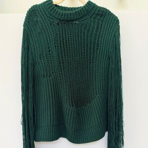 CALVIN KLEIN 205WEST39NYC COLLECTION HUNTER GREEN & FRINGE SLEEVES SWEATER